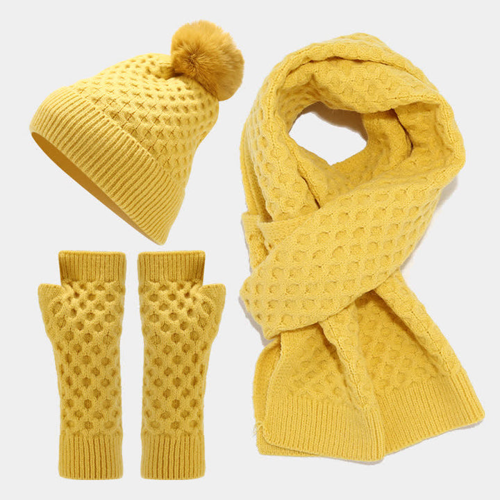 Conjunto de 3 guantes y gorro de punto cruzado para mujer