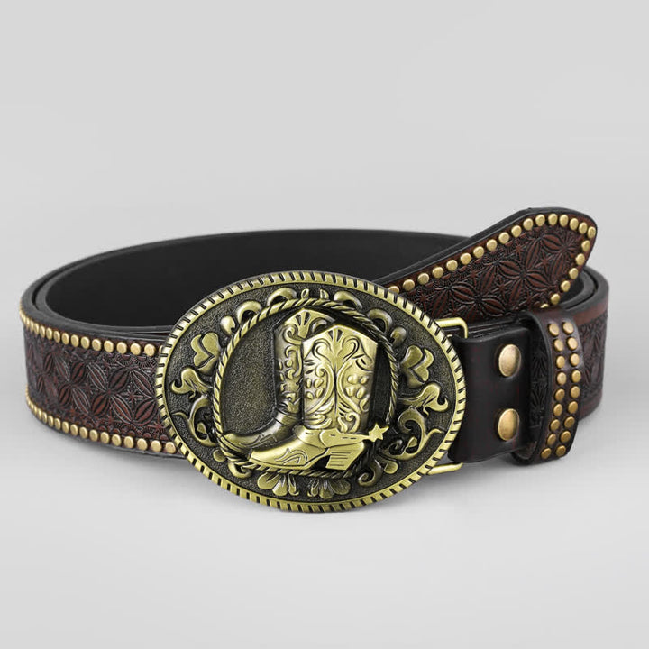 Botas de bronce para hombre con hebilla ovalada y cinturón de cuero
