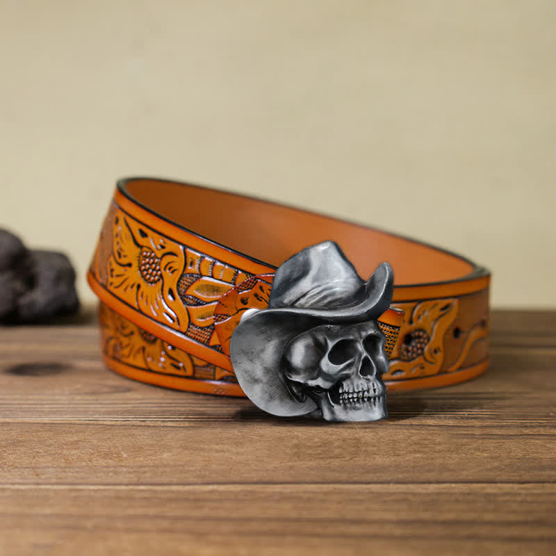 Cinturón de cuero con hebilla de sombrero y cabeza de calavera para hombre, hecho a mano