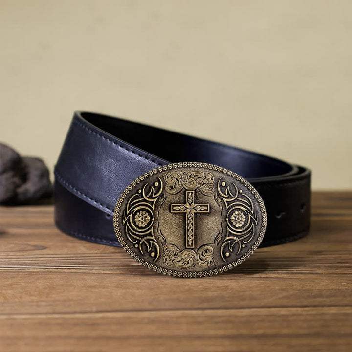 Cinturón de cuero con hebilla floral y cruz de fe para hombre, hecho a mano