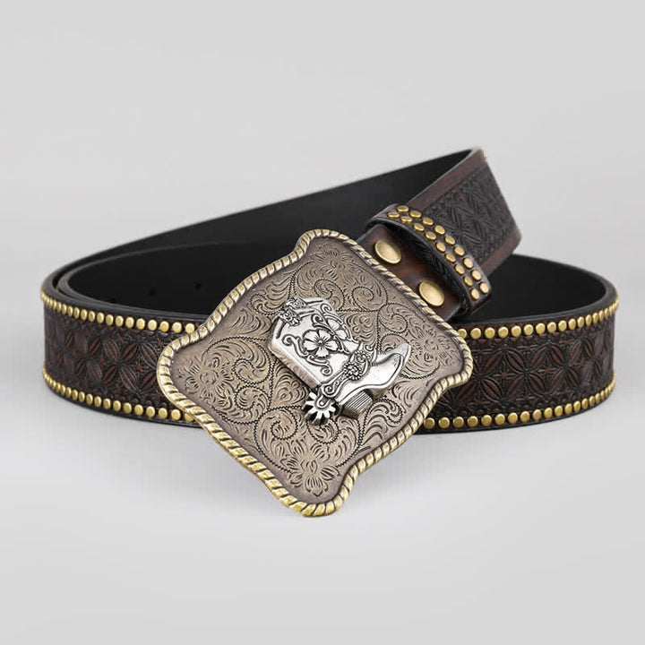 Botas de vaquero para hombre con hebilla geométrica y cinturón de cuero