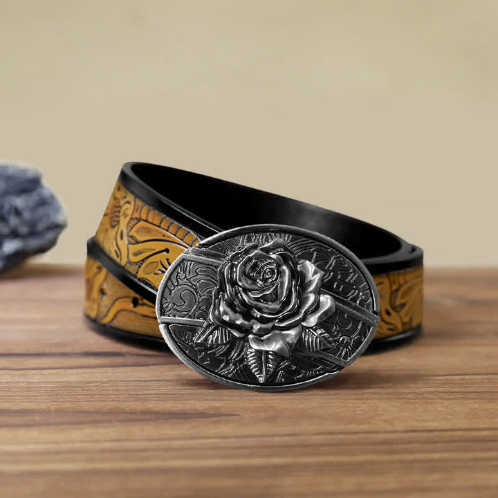Cinturón de cuero con cuchillo plegable oculto estilo Western Rose para hombre, hecho a mano
