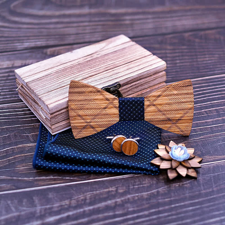 Juego de 4 pajaritas clásicas de madera a cuadros para hombre