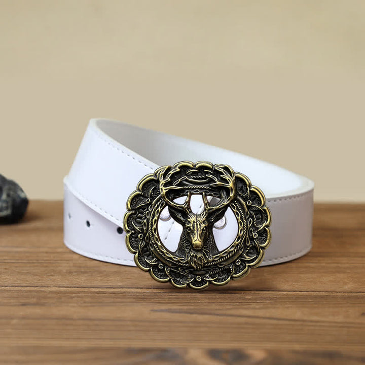 Cinturón de cuero con hebilla de cuerno de alce 3D hueco para hombre hecho a mano