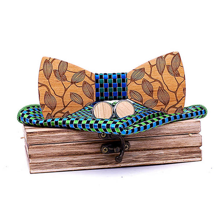 Juego de 3 pajaritas de madera con estampado de hojas para hombre