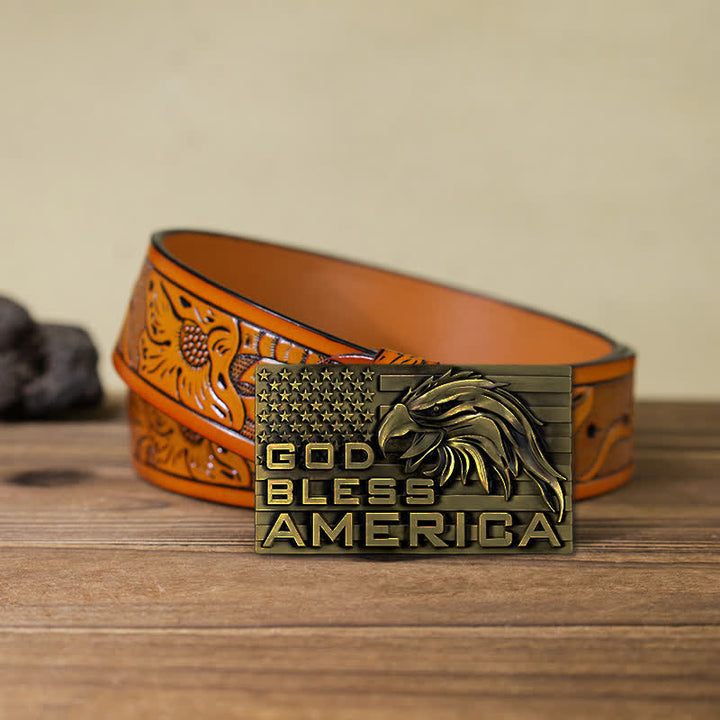 Cinturón de cuero con hebilla de águila God Bless America para hombre, hecho a mano
