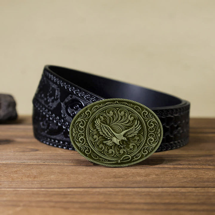 Cinturón de cuero con hebilla floral grabada con águila voladora para hombre hecho a mano