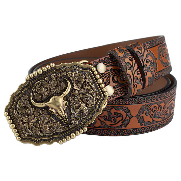 Cinturón clásico de cuero con calavera de toro y flores para hombre