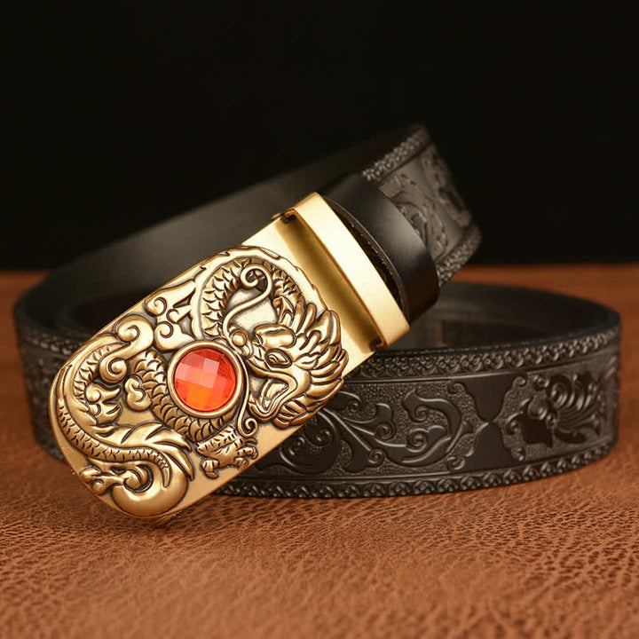 Cinturón de cuero con piedras preciosas y dragón grabado para hombre