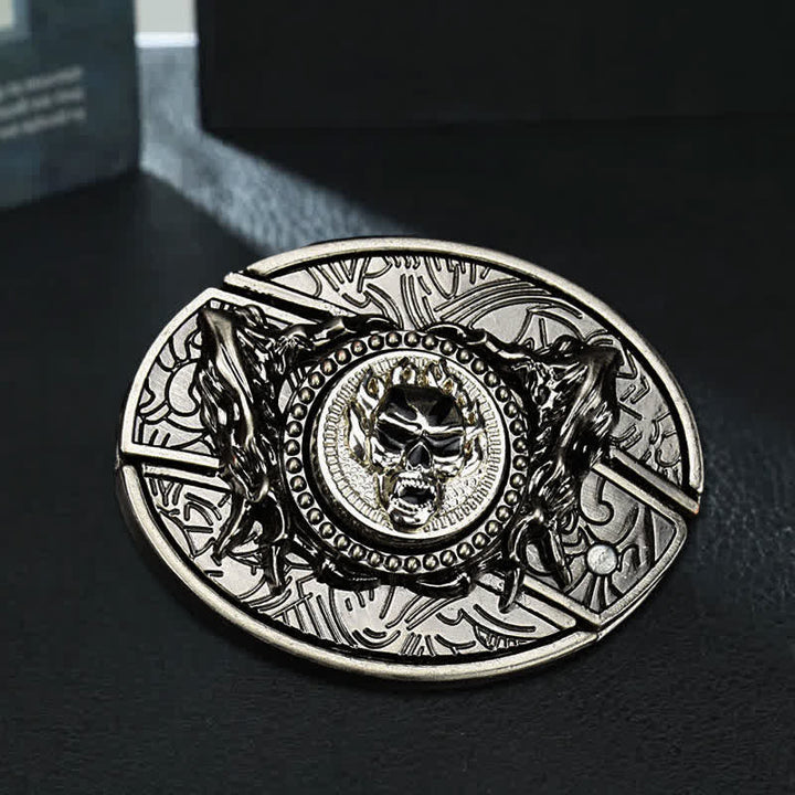 Cinturón de cuero con cuchillo plegable oculto y calavera giratoria para hombre