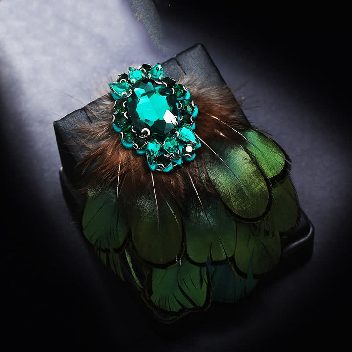 Broche de plumas de cristal verde oscuro para mujer