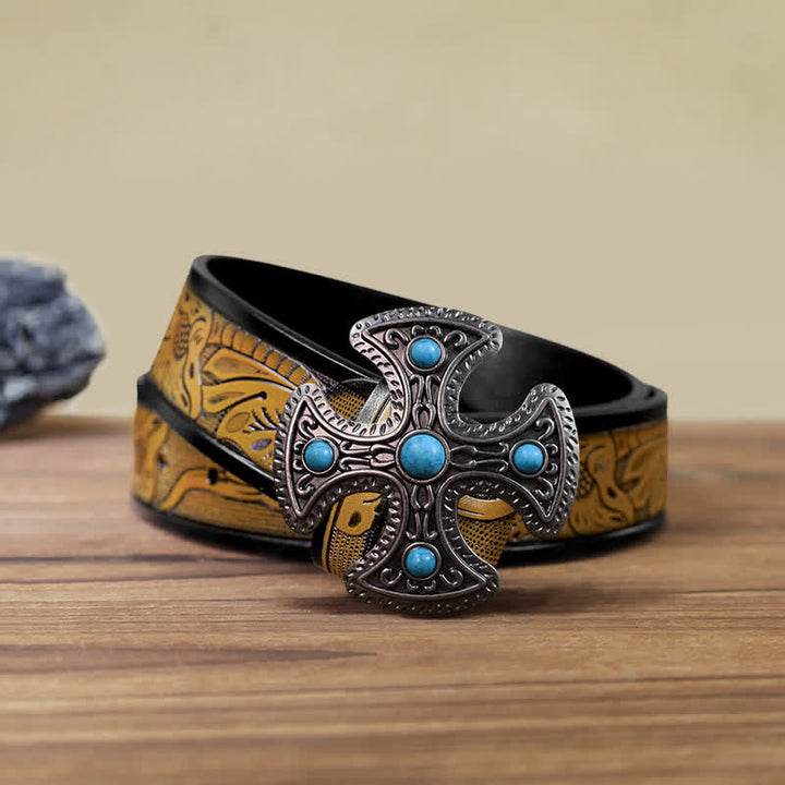 Cinturón de cuero con hebilla de cruz de piedra turquesa retro para hombre hecho a mano