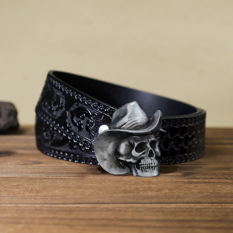 Cinturón de cuero con hebilla de sombrero y cabeza de calavera para hombre, hecho a mano
