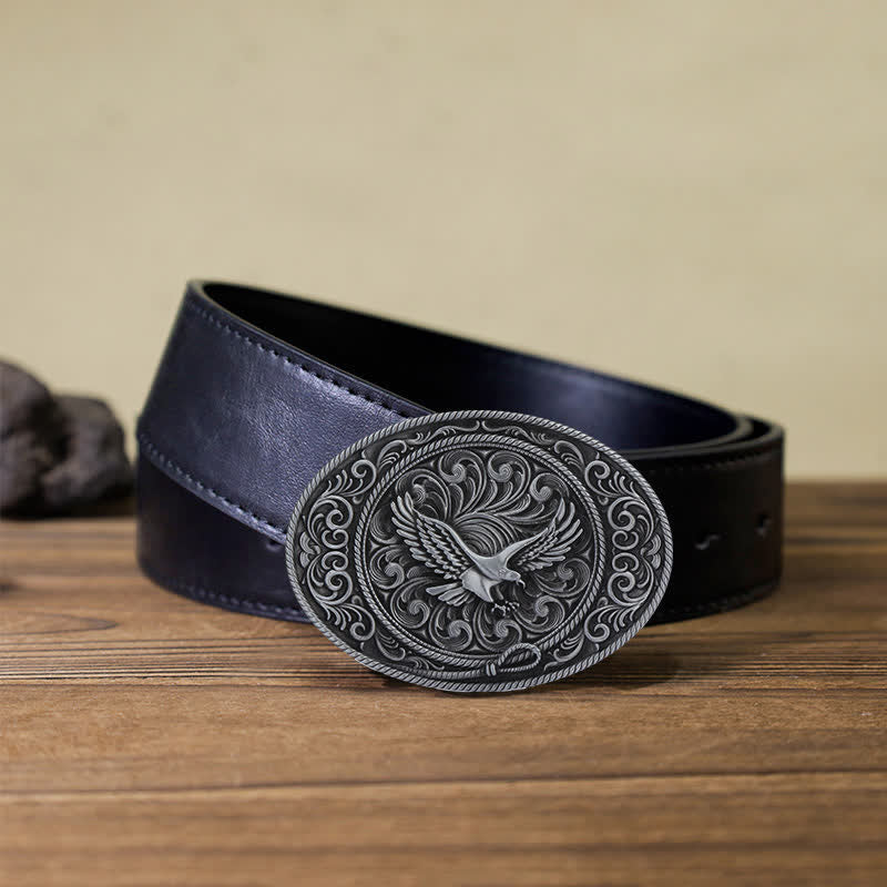 Cinturón de cuero con hebilla floral grabada con águila voladora para hombre hecho a mano