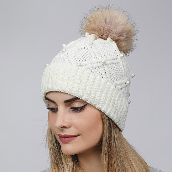 Gorro de punto elástico con pompones y perlas para mujer