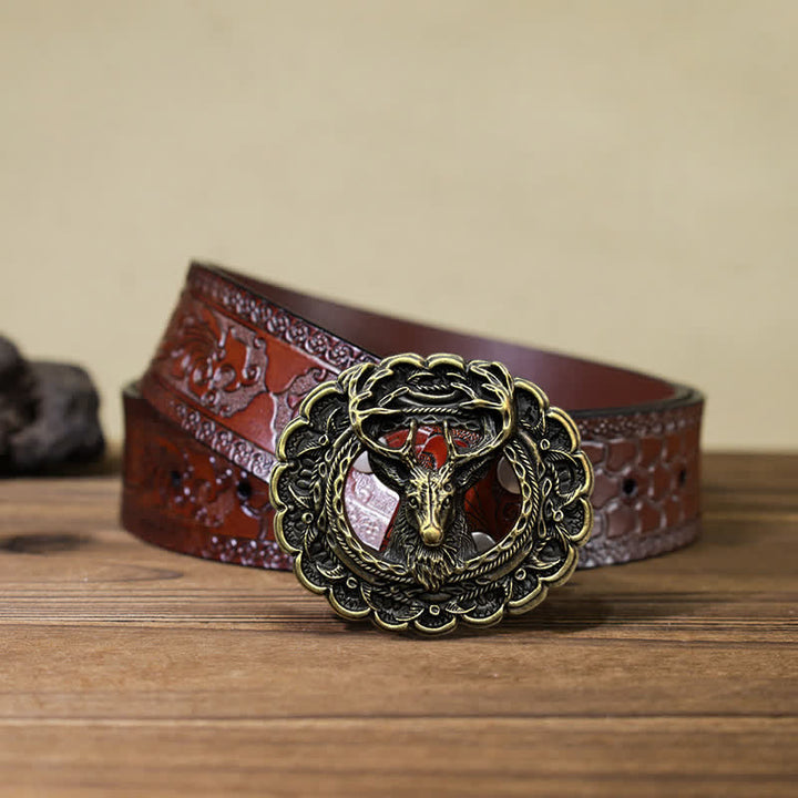Cinturón de cuero con hebilla de cuerno de alce 3D hueco para hombre hecho a mano