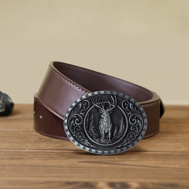 Cinturón de cuero con hebilla de bandera estadounidense para hombre, hecho a mano, con diseño de ciervos