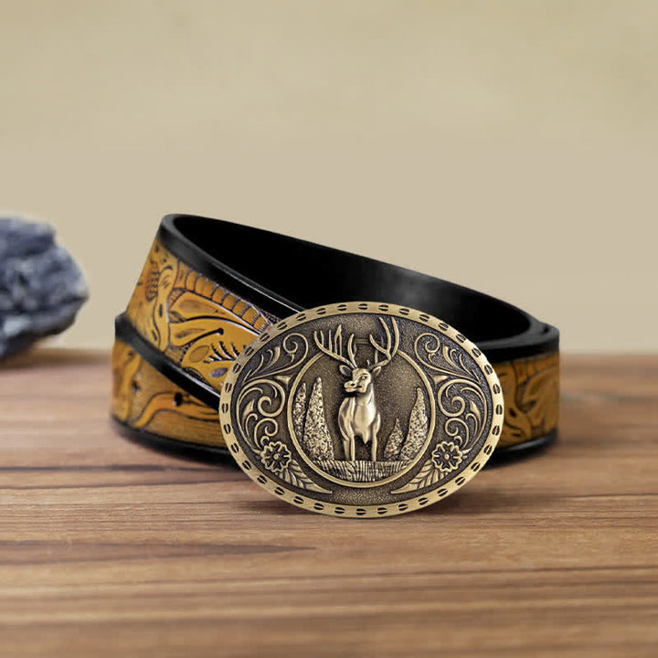 Cinturón de cuero con hebilla ovalada con diseño de ciervo del bosque para hombre hecho a mano