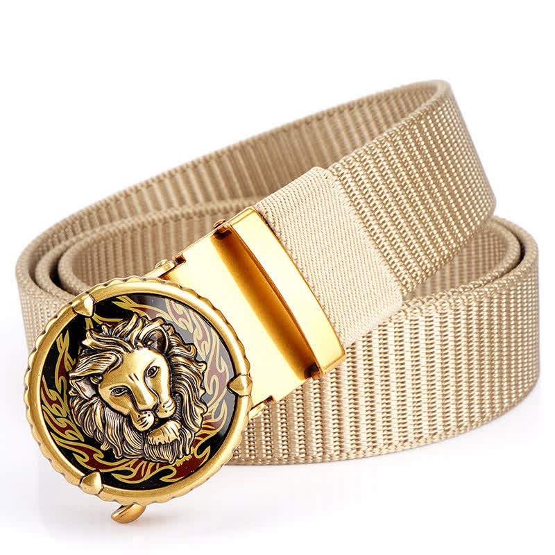 Cinturón de nailon práctico con estampado de cabeza de león para hombre - Beige / Dorado - 48" - image 13