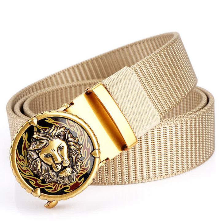 Cinturón de nailon práctico con estampado de cabeza de león para hombre - Beige / Dorado - 48" - image 13