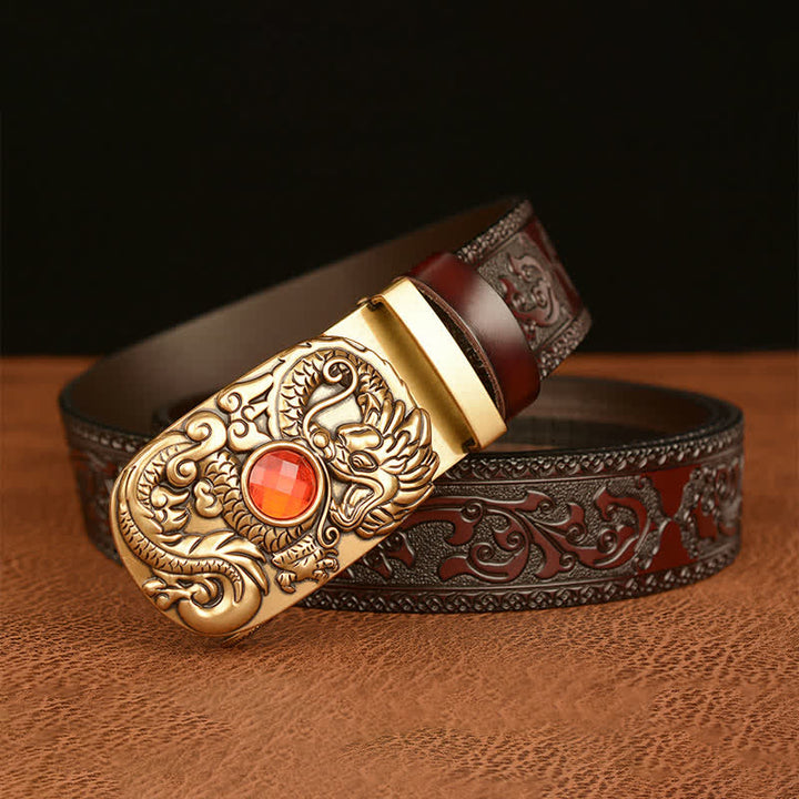 Cinturón de cuero con piedras preciosas y dragón grabado para hombre
