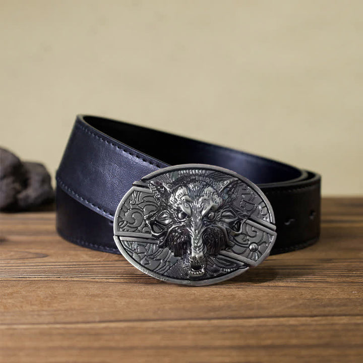 Cinturón de cuero con cuchillo plegable oculto con cabeza de lobo para hombre