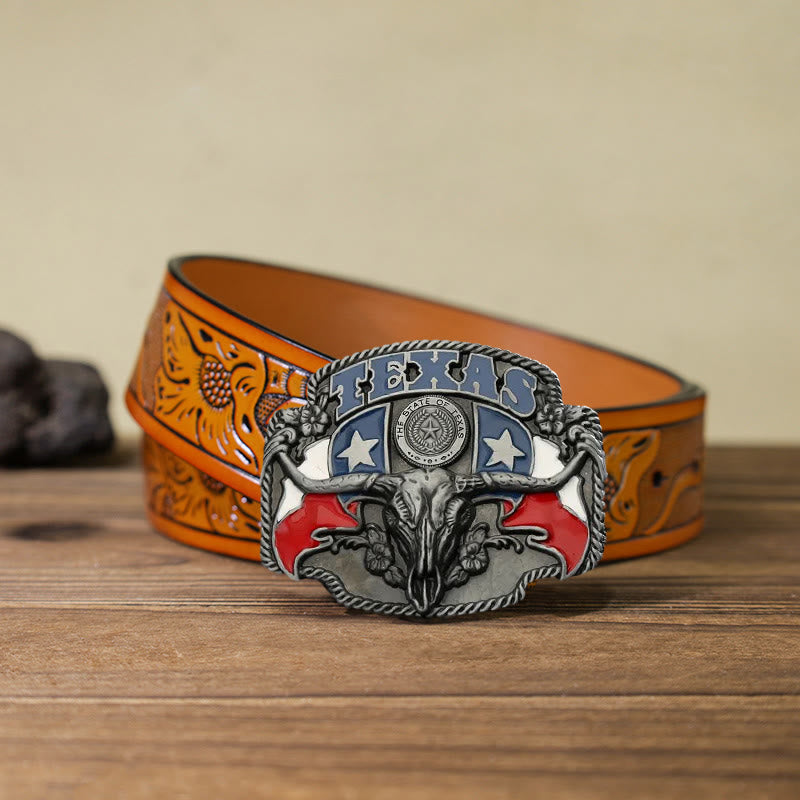 Cinturón de cuero con hebilla de toro Longhorn con bandera de Texas para hombre