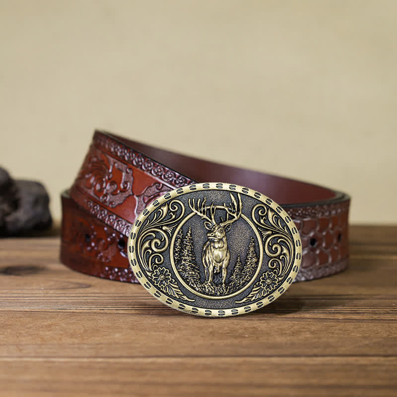 Cinturón de cuero con hebilla de bandera estadounidense para hombre, hecho a mano, con diseño de ciervos