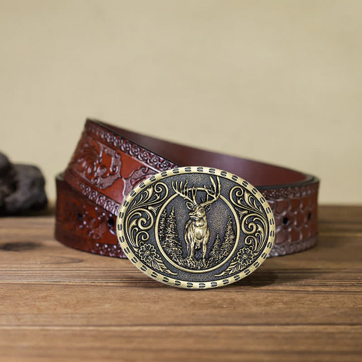Cinturón de cuero con hebilla de bandera estadounidense para hombre, hecho a mano, con diseño de ciervos