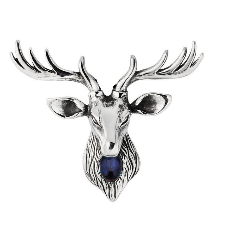 Broche de ciervo con gema azul majestuosa para hombre