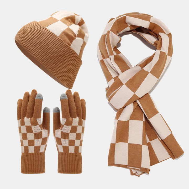 Conjunto de 3 guantes y gorro unisex a cuadros con bufanda