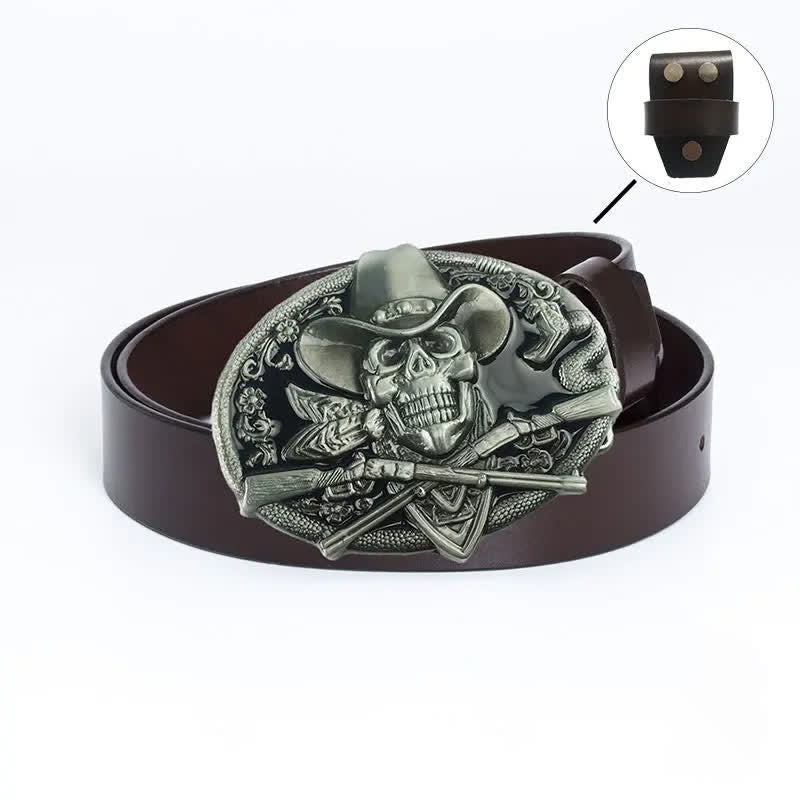 Cinturón de cuero con calavera pirata y pistolas cruzadas para hombre