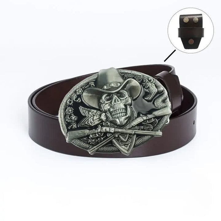 Cinturón de cuero con calavera pirata y pistolas cruzadas para hombre