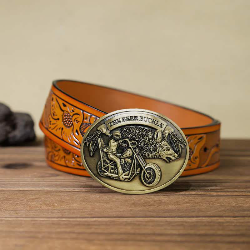Cinturón de cuero con hebilla para hombre, hecho a mano, con diseño creativo de motocicleta