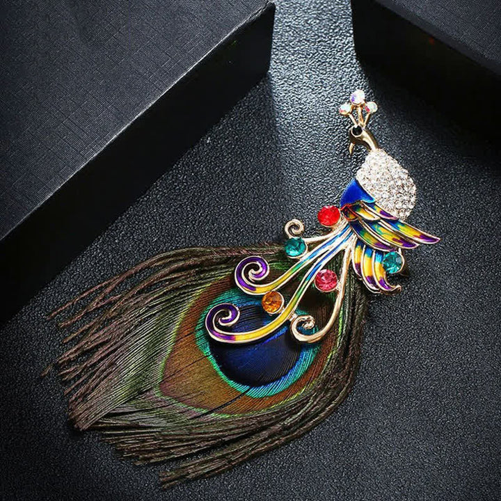 Broche étnico colorido de plumas de pavo real para mujer