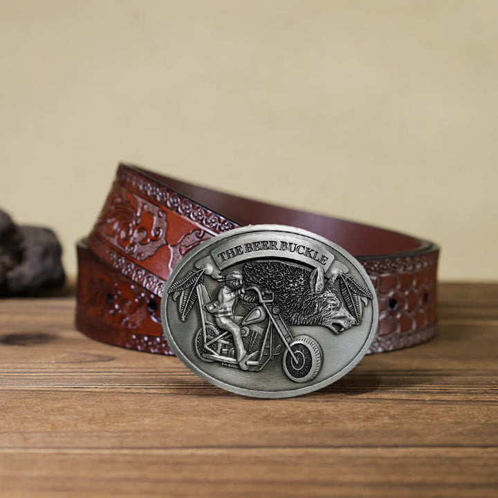 Cinturón de cuero con hebilla para hombre, hecho a mano, con diseño creativo de motocicleta