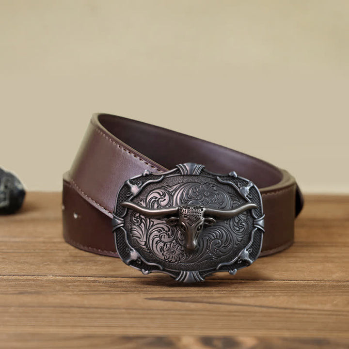Cinturón de cuero con hebilla cuadrada de toro Longhorn plateado para hombre hecho a mano