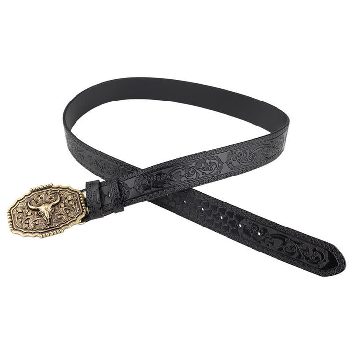 Cinturón clásico de cuero con calavera de toro y flores para hombre