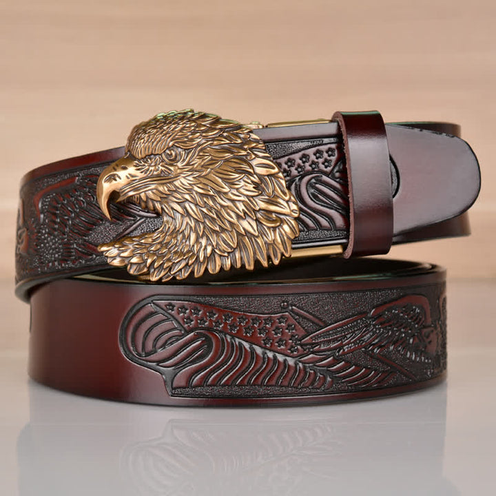 Cinturón de cuero con hebilla automática y cabeza de águila intrincada para hombre