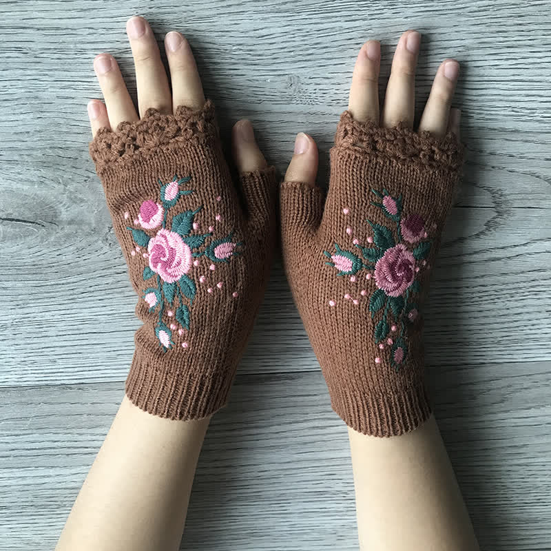Guantes de punto de medio dedo con bordado de flores para mujer