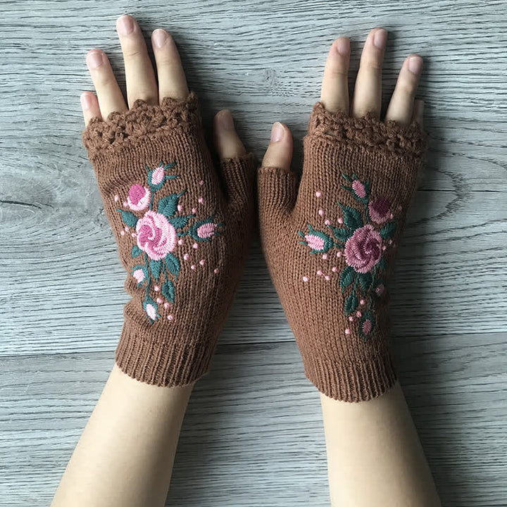 Guantes de punto de medio dedo con bordado de flores para mujer