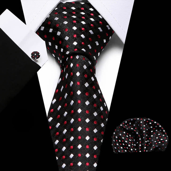 Conjunto de 3 corbatas negras con lunares rojos y cuadrados blancos para hombre