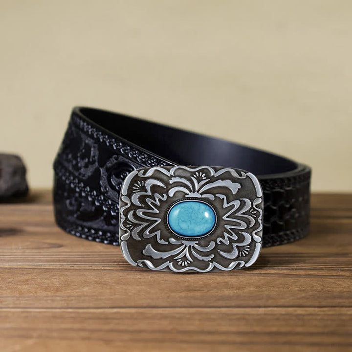 Cinturón de cuero con hebilla de flor de piedra turquesa para hombre hecho a mano