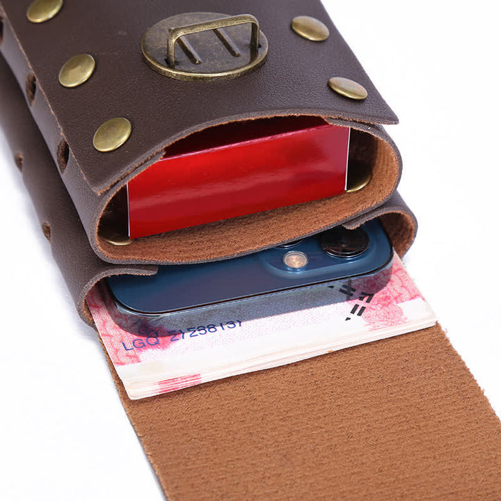 Estuche para teléfono con dos capas verticales y cinturón.