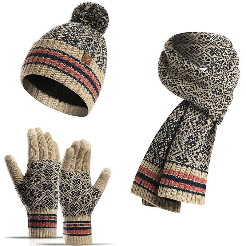 Juego de 3 guantes unisex con pantalla táctil, gorro y bufanda con copos de nieve