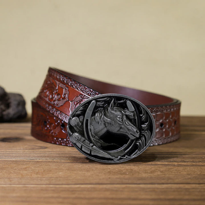 Cinturón de cuero con hebilla de esmalte negro y herradura para hombre hecho a mano