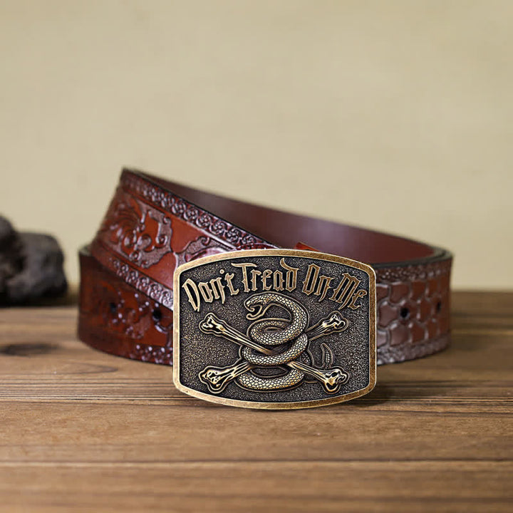 Cinturón de cuero con hebilla de serpiente de cascabel y calavera para hombre, hecho a mano