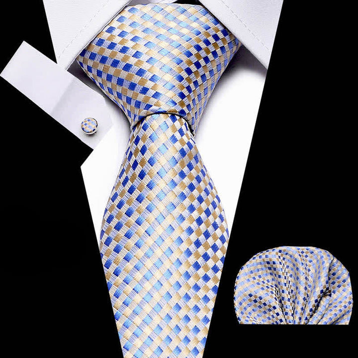Conjunto de 3 corbatas tejidas a cuadros en amarillo y azul para hombre