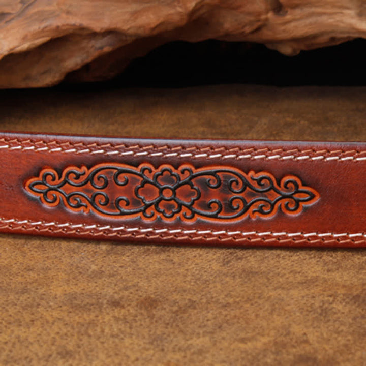 Cinturón unisex de cuero con flor hueca de color turquesa y piedra de ágata