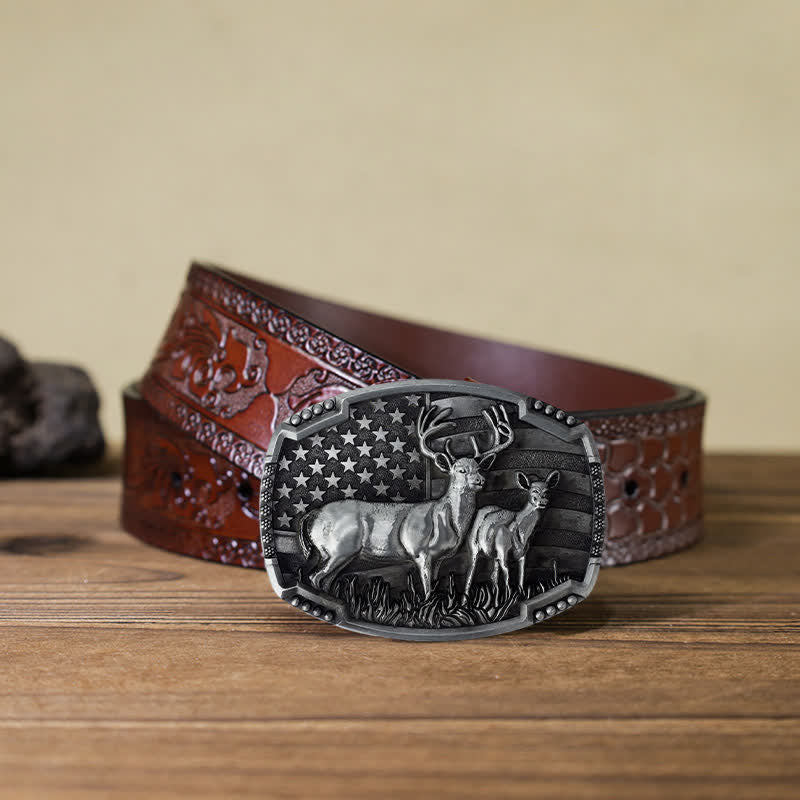 Cinturón de cuero con hebilla de bandera estadounidense para hombre, hecho a mano, con diseño de ciervos